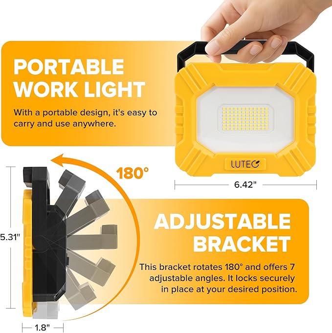 LUTEC 3500LM LED Work Light, Rechargeable Magnetic Work Lights with Stand, Portable 5000K Flood Light for Car Repair, Fishing, Camping, Emergency, Hiking, 3 Modes