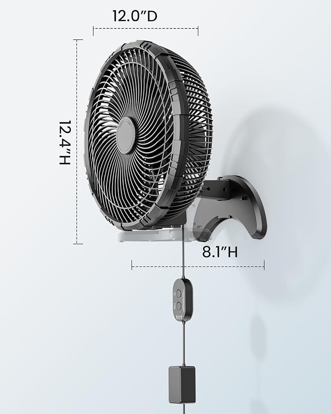 Koonie 12 Inch Wall Mount Fan, Quiet Wall Fan with Timer, 9.8ft Wired Remote, 80° Oscillation, 100° Adjustable, 3 Speeds High Velocity for RV Bedroom Kitchen Office Garage