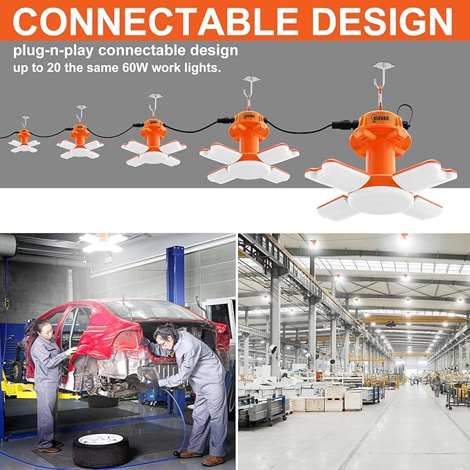 60w LED Temporary Work Light,9000Lm 5000K Super Bright Construction Lights 4 Adjustable Light Panels,Led Work Light IP67 Dust Waterproof with Hook Portable Linkable for Job Site Garage Lighting