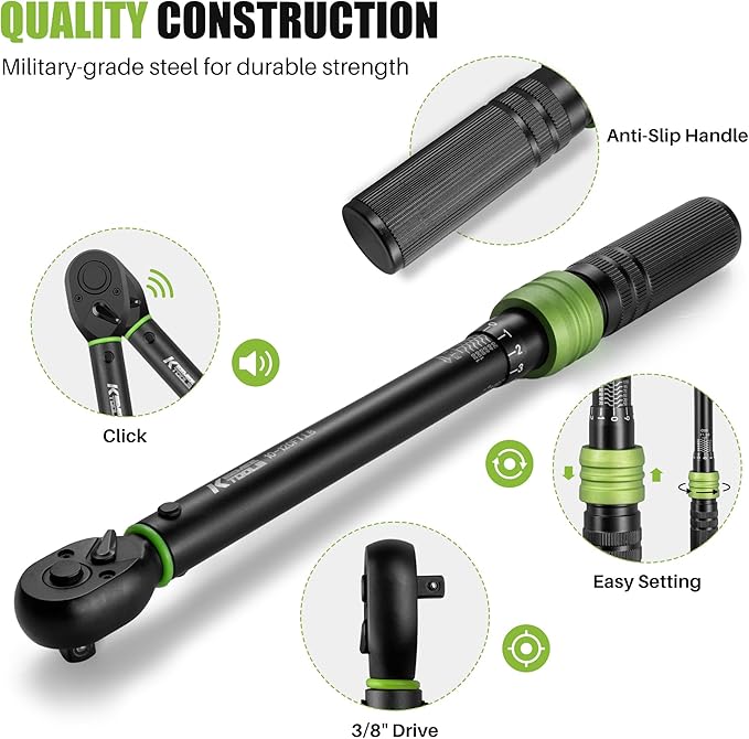 3/8-Inch Drive Click Torque Wrench - 10-120 Ft-Lb/13.6-162.6Nm, Adjustable Dual-Direction Torque Wrench with 3% Precision, 72 Tooth Head, Dual Range for Bike, Motorcycle and Car Repair