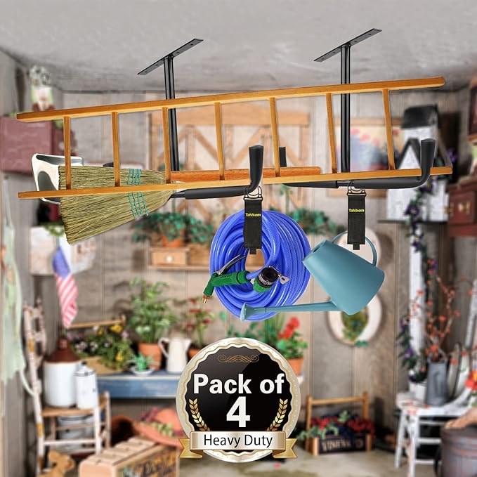 4 Set Overhead Garage Storage Rack, Heavy Duty Overhead Storage Double Hook, Ceiling Mount Hanger Safe Racks Hooks, Hanging for Lumber Ladder Storage & Other Bulky Items (Pack of 4 - Black)