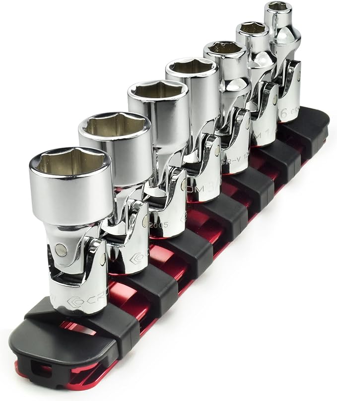 CROM Universal Flex Socket Set - 6-Point Swivel Socket Set - Swivel Joint for Easier Access to Tight Spaces - Aluminum Socket Storage Rail Included (1/4" Dr. 7PCS SAE SET)
