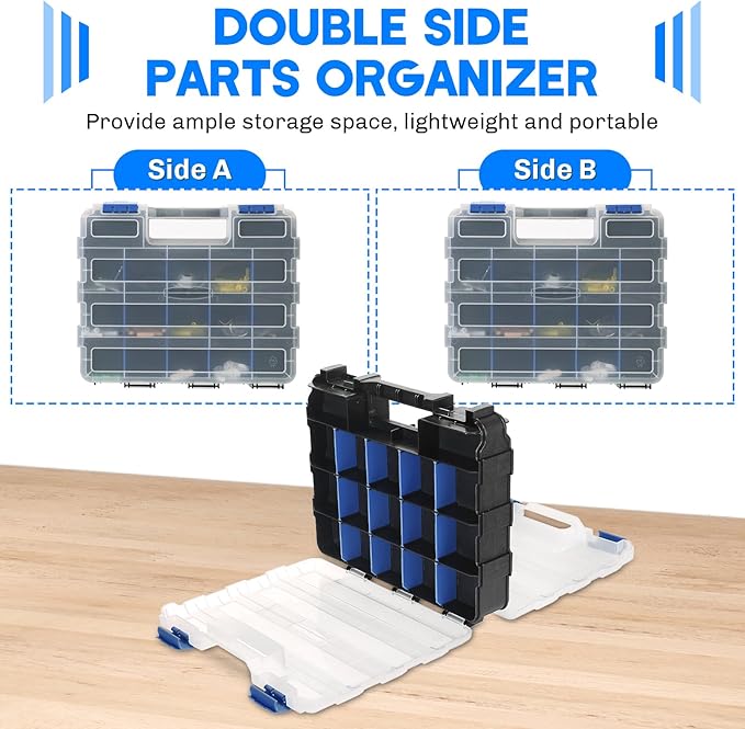Small Parts Organizer 2 Pack | Storage Case Tools Box 34-Compartments Double Side Organizer Box with Removable Dividers for Small Hardware, Screws, Bolts, Nuts, Nails, Beads (Blue)