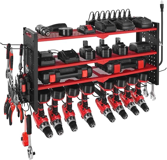 VEVOR Power Tool Organizer with Charging Station, 4-Layer Drill Storage Rack with 8 Drill Holders & Side Pegboard, Garage Tool Organizer Built in 8 Outlet Power Strips for Garage, Workbench, Workshop