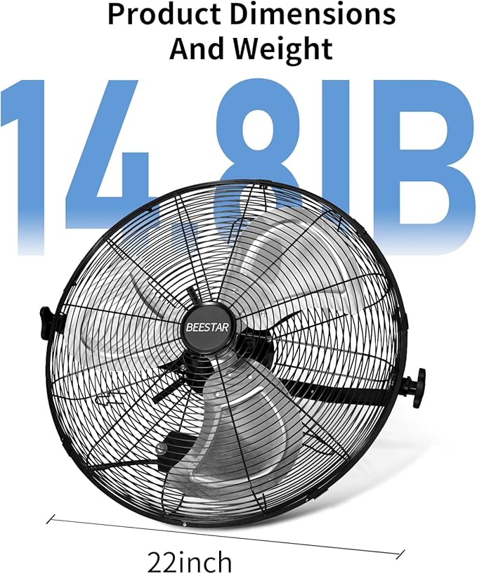 BEESTAR 20 inch High Velocity Wall Mount Fan,Industrial Fan with 3 Speed Commercial Ventilation,Easy Operation and 270 Degree Tilting,Metal Fan for Warehouse,Greenhouse, Workshop and Basement