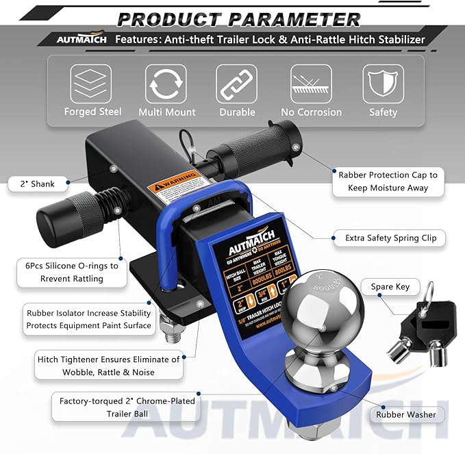 AUTMATCH Trailer Hitch Ball Mount with 2 Inch Hitch Ball - Fits 2" Receiver with Hitch Tightener, 8000Lbs Capacity Ball Hitch, 2-Inch Drop with 5/8" Hitch Lock Pin, Blue & Black