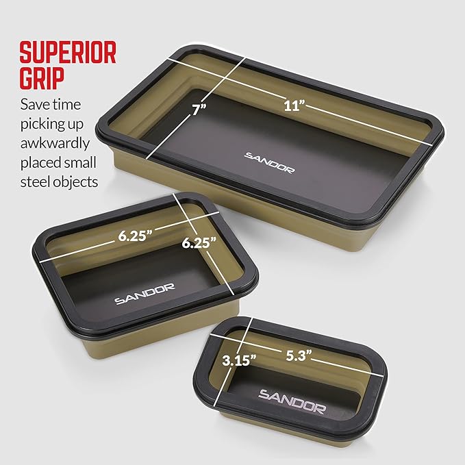 Collapsible Magnetic Parts Tray Set - 3 Different Size Tool Trays for Screw, Bolts, Nuts, Washers, Pins and Other Small Metal Parts, Mechanic Tool Gifts for Men - Khaki
