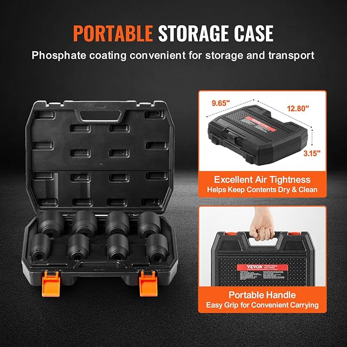 VEVOR Axle Nut Impact Socket Set, 1/2" Drive Deep 12-Point 8-Piece Metric Spindle Socket Set, CR-MO Heat Treated Large Socket Set with Storage Case, Auto Repair, Removing or Installing Axle Nuts