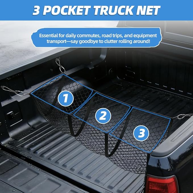 3 Pocket Truck Bed Cargo Net, Universal Mesh Storage Organizer, Black Nylon, 51.1 x 11.8 Inches Stretchable to 62 Inches, Compatible with Ford Chevy GMC Dodge Toyota Pickup Trucks