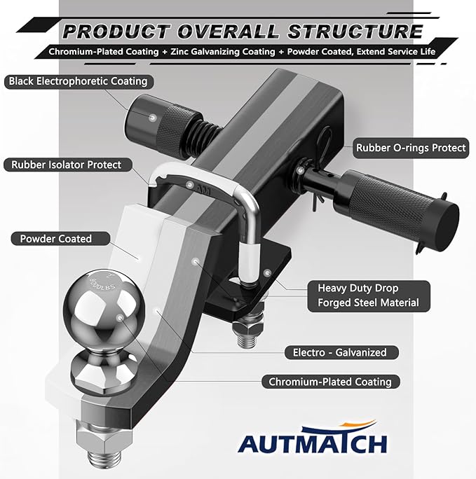 AUTMATCH Trailer Hitch Ball Mount with 2 Inch Hitch Ball - Fits 2" Receiver with Hitch Tightener, 8000Lbs Capacity Ball Hitch, 2-Inch Drop with 5/8" Hitch Lock Pin, White & Black