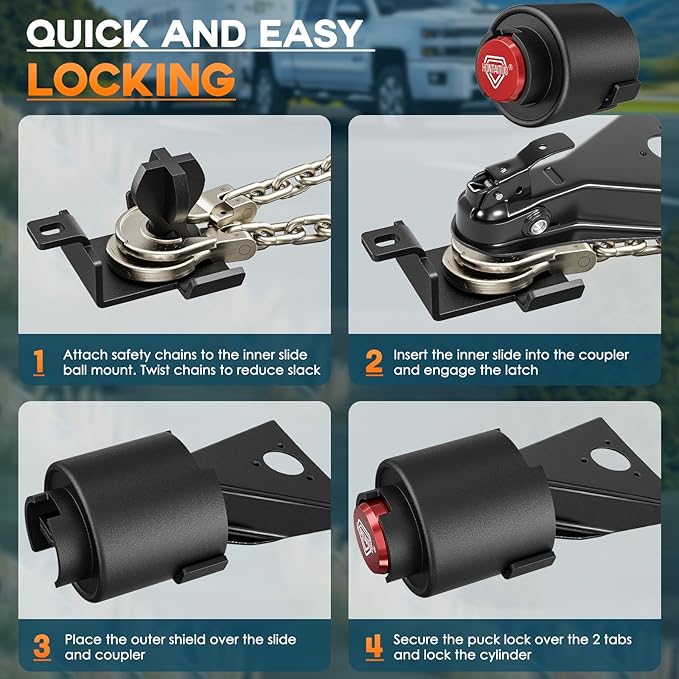2-5/16" Heavy Duty Trailer Lock - Ball Coupler and Safety Chains Anti-Theft, Solid Steel Trailer Tongue Lock for RV, Boat, Camper, Cargo Trailers Trailer Hitch Locks