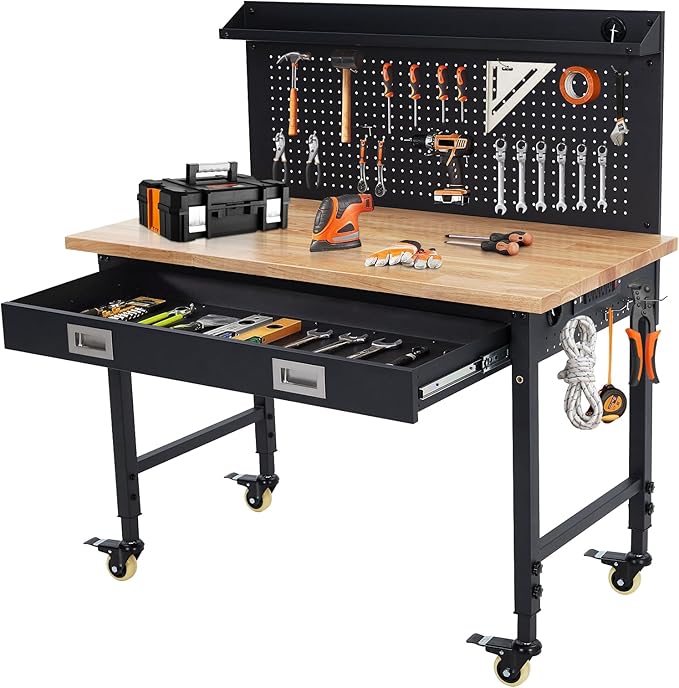 GarveeTech Adjustable Workbench for Garage, 48 in Rubber Wood Top Workbench With Drawer Storage Pegboard, 2000 LBS Load Capacity, Heavy Duty Workstation With Power Outlets & Wheels, Tool Storage Bench