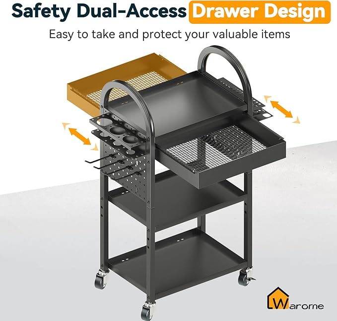 Warome Power Tool Organizer Cart with Drawer, Garage Floor Rolling Storage Cart on Wheels for Mechanic, Heavy Duty Utility Rack Shelf for 360° Swiveling, Garage Orgnization for Drill Holder
