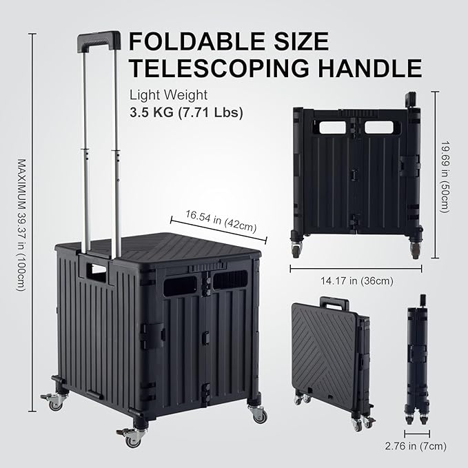 MACOPRO Folding Utility Cart Portable Rolling Crate Handcart Shopping Trolley Collapsible Tool Box, with Lid, Basket on 4 Rotate Wheels, for Grocery, Office, Luggage, Teacher (Black)