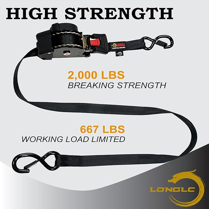 4-Pack Retractable Ratchet Straps Black Heavy Duty - 1 Inch X 15Feet with Soft Loops, 2,000lbs Breaking Strength - Best for Trucks, Cargo Trailer, Motorcycle, Tie Down Straps Ratchet
