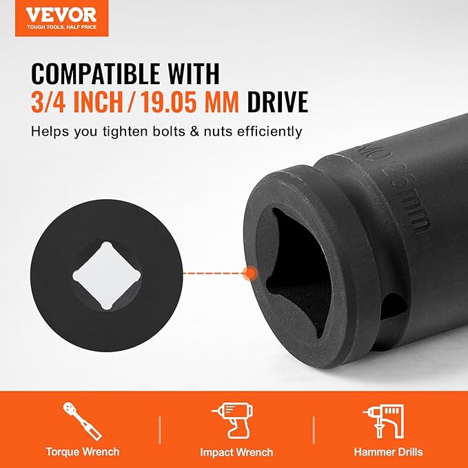 VEVOR Axle Nut Impact Socket Set - 3/4" Drive 6-Point 8-Piece Metric Spindle Nut Socket CR-MO Heat Treated Large Socket Set with Storage Case for Auto Repair, Removing or Installing Axle Nuts