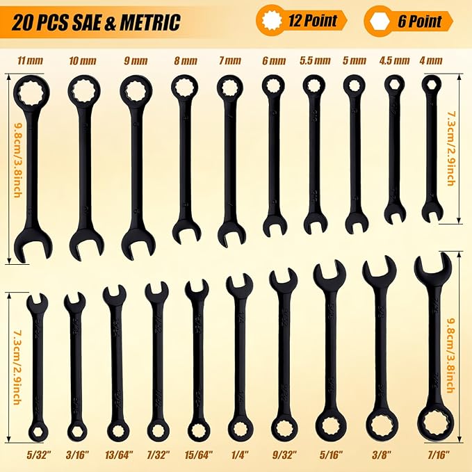 Mini Wrench Set Metric and SAE 20-Piece Ignition Wrench Set, 4mm-11mm & 5/32"-7/16" Open End and Box End Combination Wrench Kit Super Thin Small Spanner with Zipper Bag and Key Ring, Black