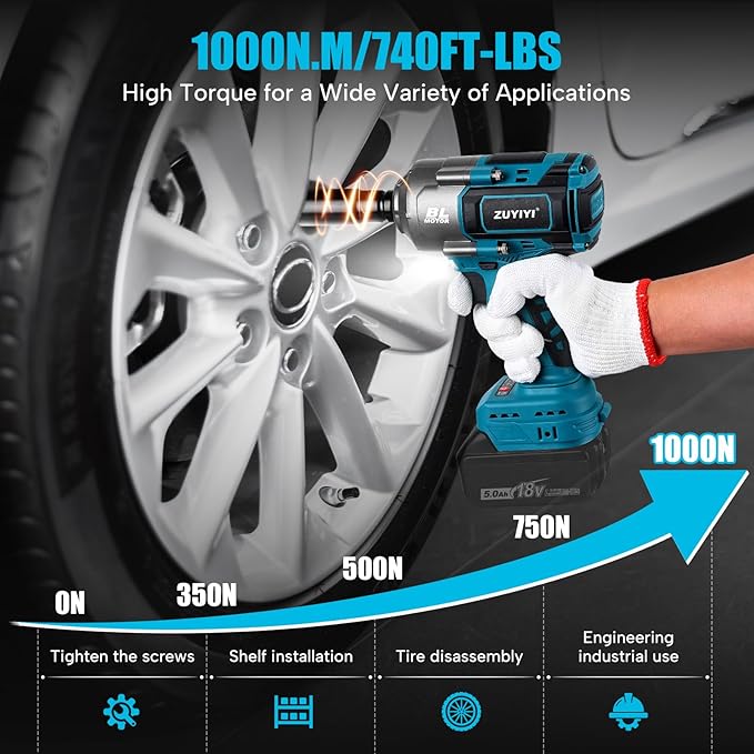 1/2" Cordless Impact Wrench for Makita 18V Battery(NOT Included), 1000N.m(738FT-lbs) High Torque Power Impact Wrenches, Electric Brushless Impact Gun for Car Tire Truck RV Mower