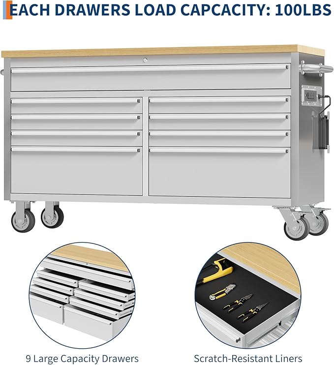 IDEALHOUSE 61 inch Rolling Tool Chest, Garage Workbench with 9 Drawers, Solid Rubber Wood Top & with Wheels Lock Key Locking, Mobile Workstation Tool Cabinet for Workshop Storage