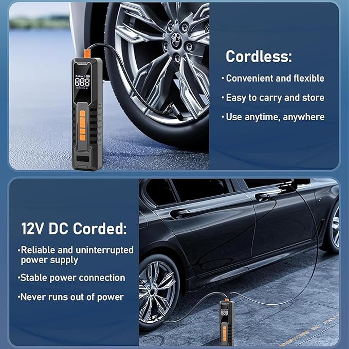 Tire Inflator Portable Air Compressor, 150PSI Air Pump for Cars Tires, LCD Display Tire Pressure Gauge 6000mAh & LED Light, Cordless Portable Air Compressor for Cars, Motorcycles, Bikes, Balls
