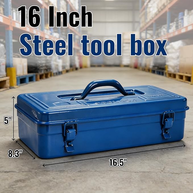 Portable Steel Tool Box, 16 Inch Metal Tool Organizer Box with Double Latch Closure and Handle, Heavy Duty Storage Toolbox Chest for Workshop, Garage, Warehouse, Household, Blue