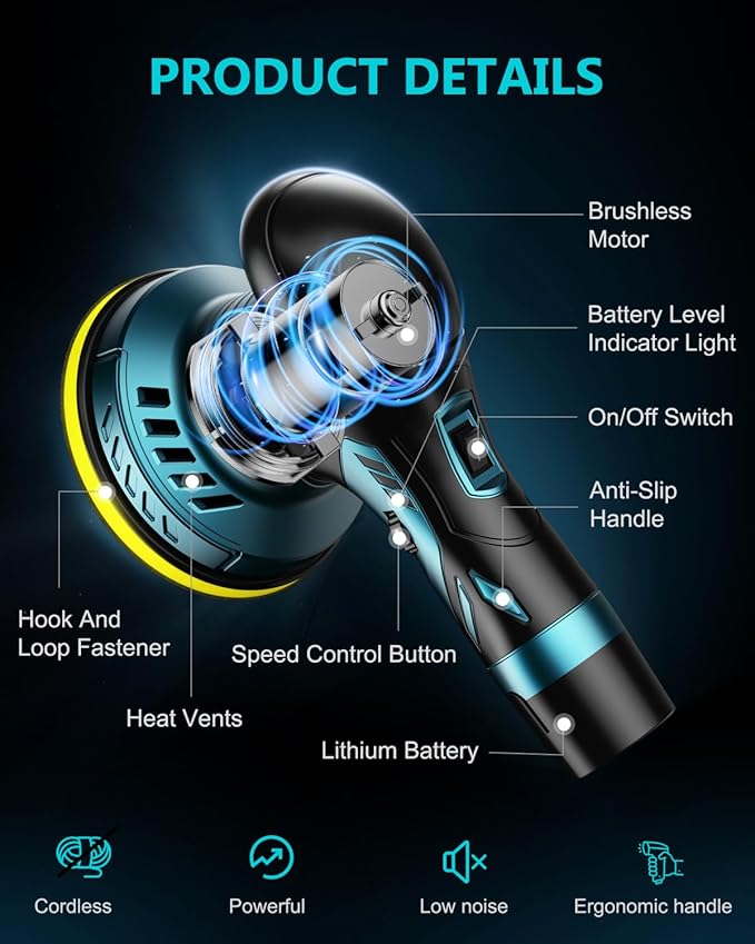 Cordless Car Buffer Polisher Kit - 6 Inch Dual Action Random Polishing Wax Machine for Car Detailing,2Pcs 2000mah Batteries,6 Variable Speed 2500-5000RPM,Orbital Polisher for Car Boat Polishing Waxing