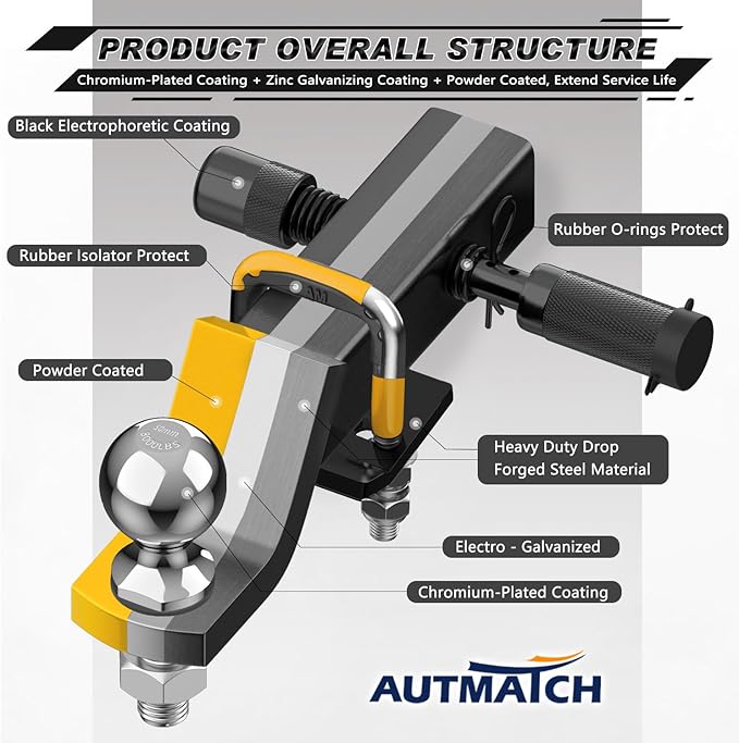 AUTMATCH Trailer Hitch Ball Mount with 2 Inch Hitch Ball - Fits 2" Receiver with Hitch Tightener, 8000Lbs Capacity Ball Hitch, 2-Inch Drop with 5/8" Hitch Lock Pin, Yellow & Black