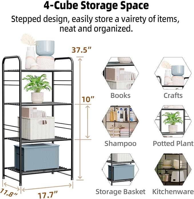 4 Tier Metal Pantry Shelves for Storage, 38” Tall Laundry Room Shelf, Multipurpose Shelf for Plant, Bedroom, Kitchen, Bathroom, Black