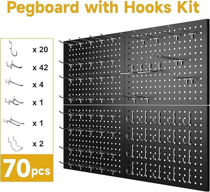 74PCS Pegboard Wall Organizer, 4 Pack Metal Pegboard Panels with 70 Hooks, 32" x 24" or 64" x 12" Black Peg Board for Walls, Garage, Craft Room, Cold-Rolled Steel