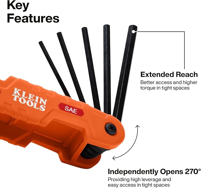 Klein Tools 70550 Hex Wrench Key Set, 11 SAE Sizes, Heavy Duty Folding Allen Wrench Tool with Extra Long Hex Keys
