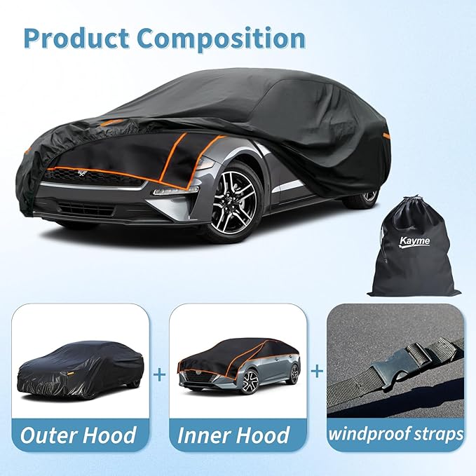 Kayme Hail Protector Car Cover, Anti Hail Multilayer Thickened Full Car Cover,Outdoor Waterproof All Weather Custom Fit Sedan Ford Mustang, Toyota Camry, Honda Accord, Chevrolet Corvette etc