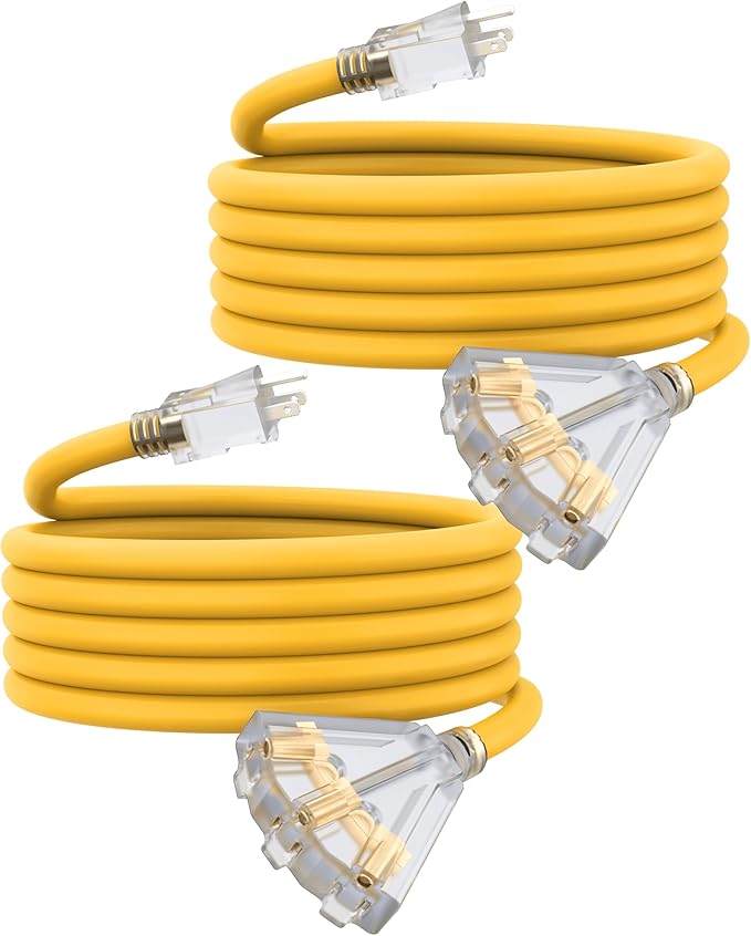 15Ft 12 Gauge Outdoor Extension Cord with 3-Outlets, 2 Pack, Heavy Duty 3 Prong Extension Cord Waterproof with Lighted end, 15A SJTW, ETL Listed, Yellow