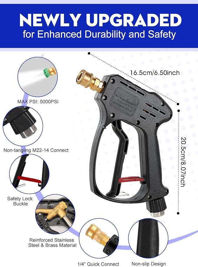 Short Pressure Washer Gun, 5000 PSI Max Swivel High Pressure Washer Extension Wand with 5 nozzles, M22 14MM Swivel Connect & M22 15MM, Car Wash Kit Power Washer Gun for Cars, Driveway, Yard, Fence