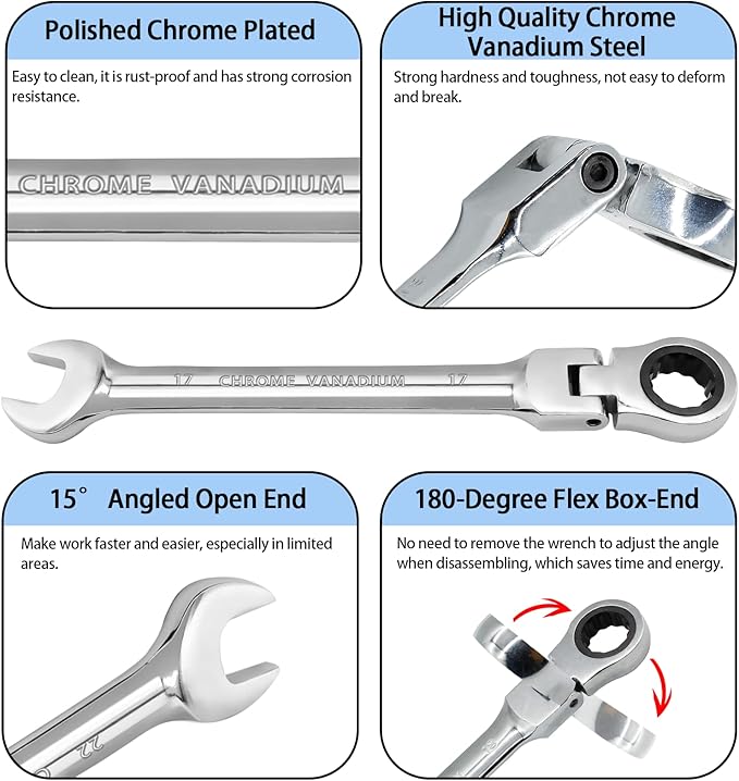 17mm Flex Head Ratchet Wrench, 12 Point Chrome Vanadium Steel Combination Spanner with 72 Tooth Ratcheting Gear, Metric Industrial Grade Tool for Automotive and Mechanical Maintenance