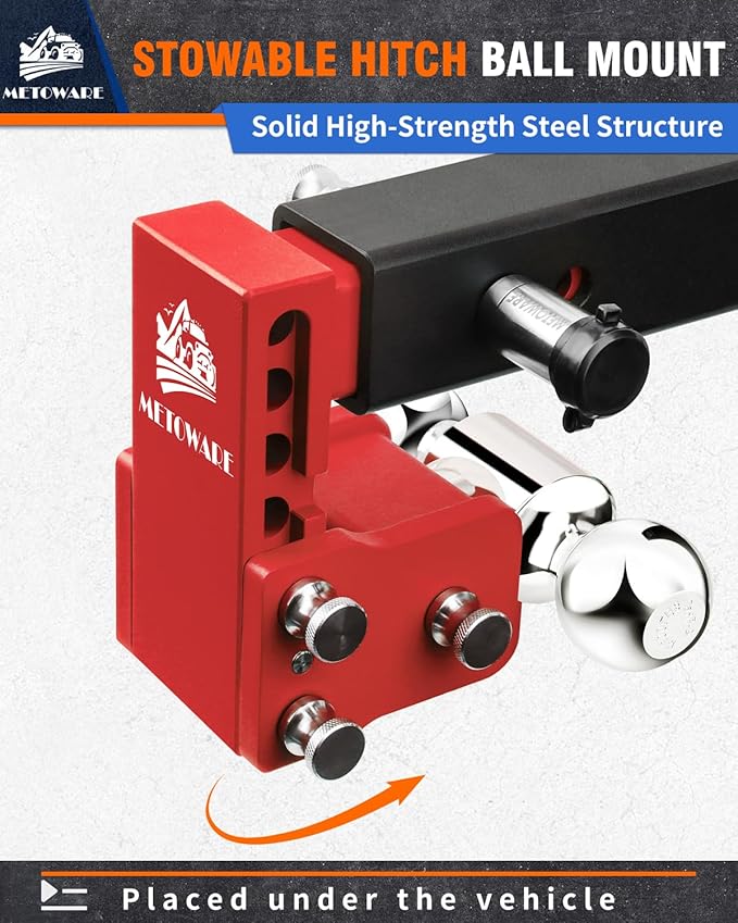 METOWARE Adjustable Trailer Hitches Fits 2 Inch Receiver, Adjustable Ball Mount with 4-Inch Drop/Rise (12,500 LBS GTW), Dual Ball (2'' x 2-5/16'') and Anti-Theft Stainless Steel Trailer Lock (Red)