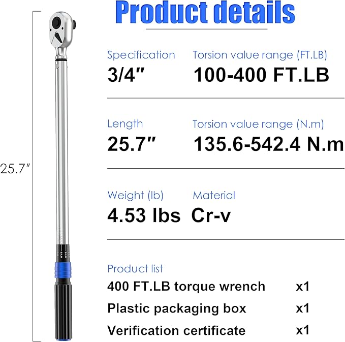 3/4'' Inch Drive Torque Wrench 100-400 Ft Lb / 135-542 Nm/Heavy Duty/Dual Direction/High hardness/Long lifetime/Stored In a Solid Case