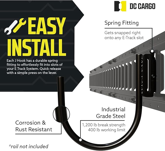 DC Cargo - E Track J Hooks (4.5" - 10 Pack) - Large Heavy Duty E Track Accessories - Hanging Hooks for Your ETrack Rail System - Use in Enclosed Trailers, Box Trucks, Vans, Garage, Workshop & Warehou