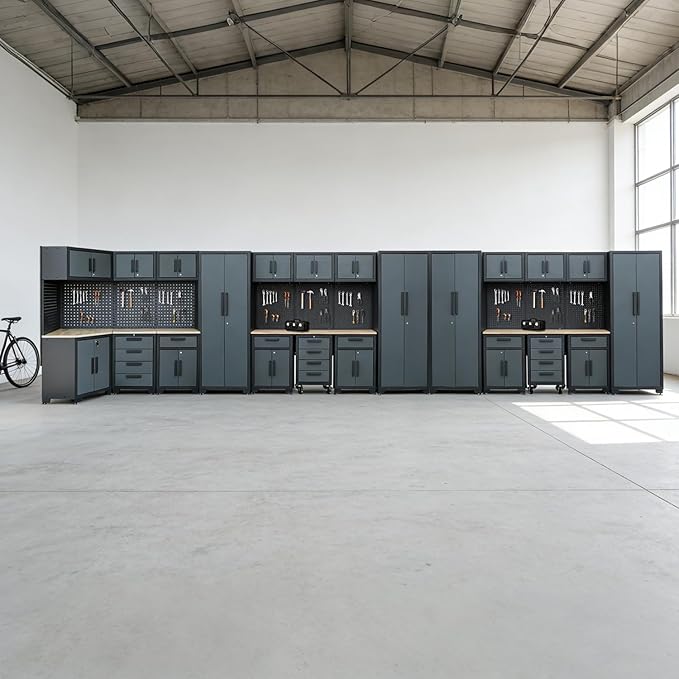 Garage Storage Cabinet System,26Pcs Garage Cabinets and Storage System Corner Workshop Set with Corner Cabinet, Cabinet Drawers, Workbench, Pegboard for Tool Organization, Black Grey