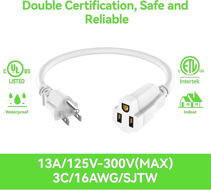2 Pack Power Extension Cord 2FT/24Inch, Short 3 Prong Electric Extension Cable Outlet Saver, Single Outlet, Heavy Duty, Waterproof, Flexible, 16 AWG, 13A 125V, Outdoor & Indoor Extender Wires(White)