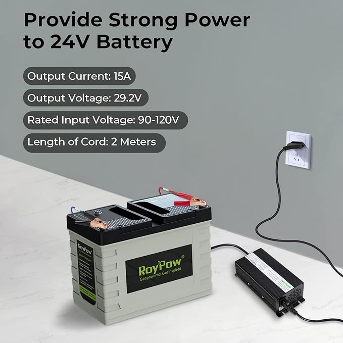 24V 15A LiFePO4 Battery Charger, RoyPow 24V Lithium LiFePO4 Battery Charger 29.2V Lithium Battery Chargers, 15A Smart Battery Maintainer, Designed for 24V LiFePO4 Deep Cycle Rechargeable Batteries