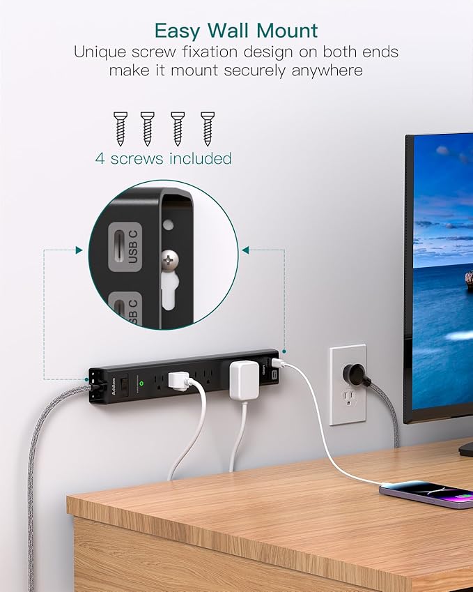 10Ft Surge Protector Power Strip - Extension Cord with Multiple Outlets, 5 Widely Outlets 4 USB Ports, Wall Mount, Flat Plug, Desk Charging Station for Home Office College Dorm Room Essentials