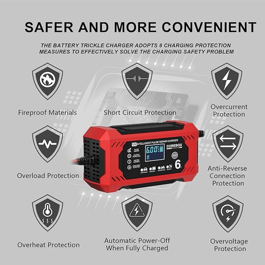 Battery Charger 6-Amp 12V Automatic Smart Battery Trickle Charger, Battery Maintainer Desulfator with Temperature Compensation for Car Truck Motorcycle Lawn Mower Marine