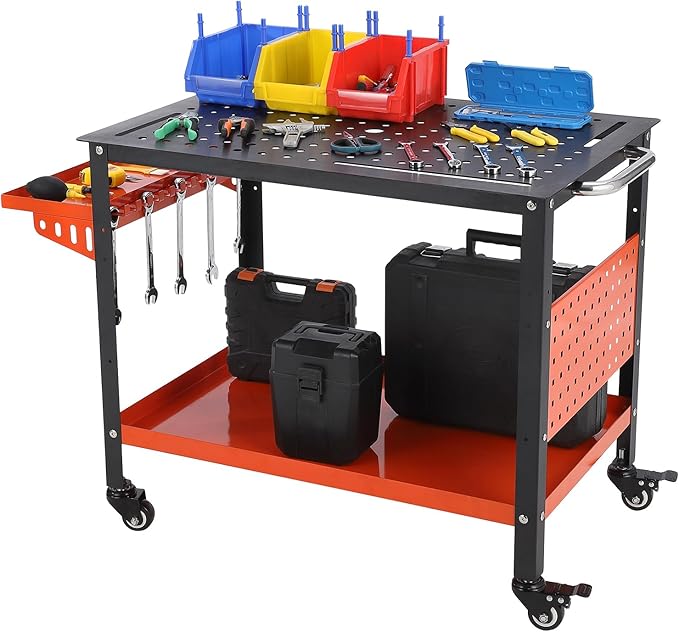 36x24 Steel Welding Table,1200 Lb Portable Welding Fixture Table for Shop,Rolling Welding Table with 5/8" Holes for Shop Garage (Orange, with Tool Tray)