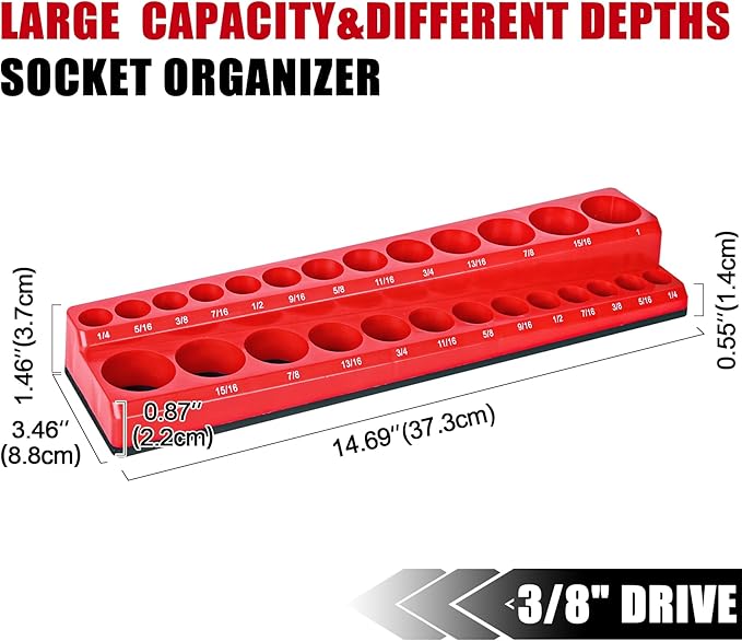 Magnetic Socket Organizer 2-Piece Magnetic Socket Holder 3/8 Inch Drive Metric SAE Trays Tool Storage Set Magnet Rail Holds 56 Sockets for Tool Box Drawer