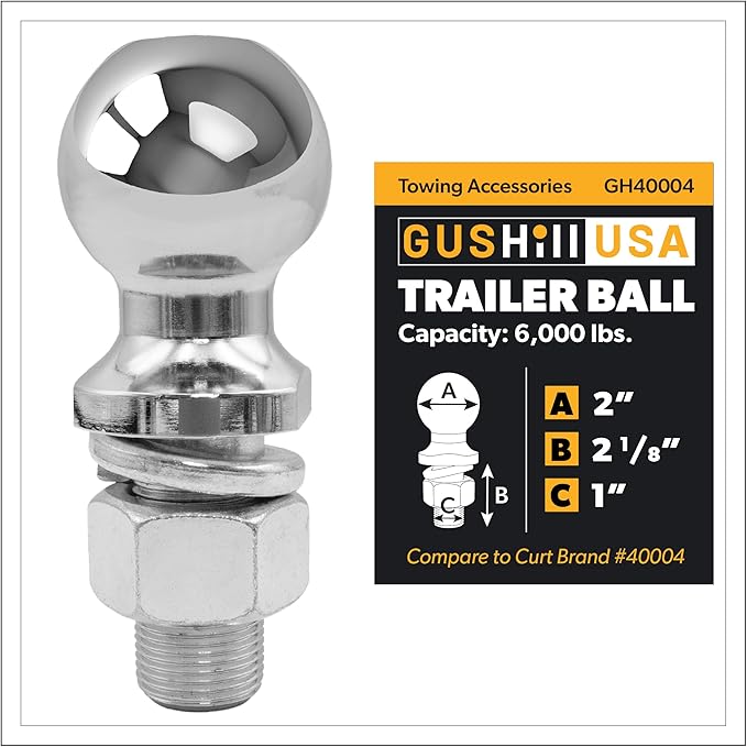 GusHill USA GH40004 Chrome Trailer Hitch Ball, 6,000 lbs, 2-Inch Diameter, 1 x 2 -Inch Shank