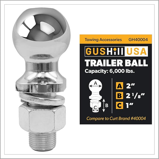 GusHill USA GH40004 Chrome Trailer Hitch Ball, 6,000 lbs, 2-Inch Diameter, 1 x 2 -Inch Shank