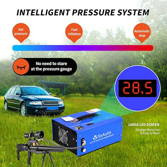 TOAUTO A2 PCP Air Compressor, Auto-Stop, Portable 4500Psi/30Mpa, Oil/Water-Free, 8MM Quick-Connector HPA Compressor for Paintball/PCP Air Rifle/Scuba Tank, Powered by Home 110V AC or 12V Car DC（Blue）