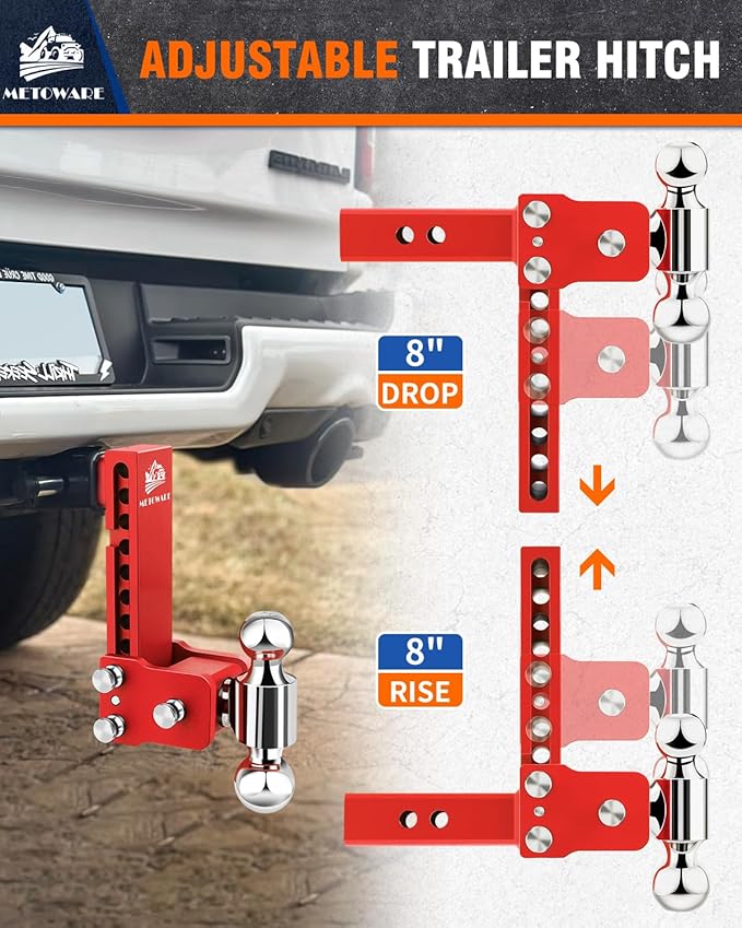 METOWARE Adjustable Trailer Hitches Fits 2 Inch Receiver, Adjustable Ball Mount with 8-Inch Drop/Rise (12,500 LBS GTW), Dual Ball (2'' x 2-5/16'') and Anti-Theft Stainless Steel Trailer Lock (Red)