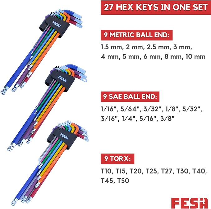 FESA Jumbo Allen Wrench Set - 29-Piece Torx, Standard & Metric Allen Wrenches with Micro to Large Ball Ends - Hex Keys with Folding Hex Tool, T-Handle & Storage Case