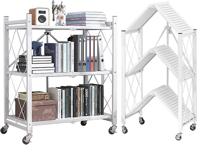 Lanstics 3-Tier Foldable Standing Shelf Units with Wheels, Industrial Style, Heavy Duty Metal Storage Shelves for Home, Kitchen, Bedroom